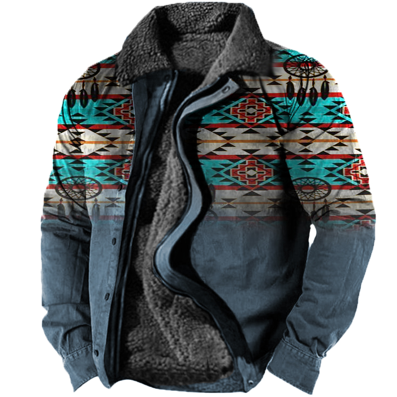 Men's Vintage Ethnic Print Fleece Zip-Up Jacket