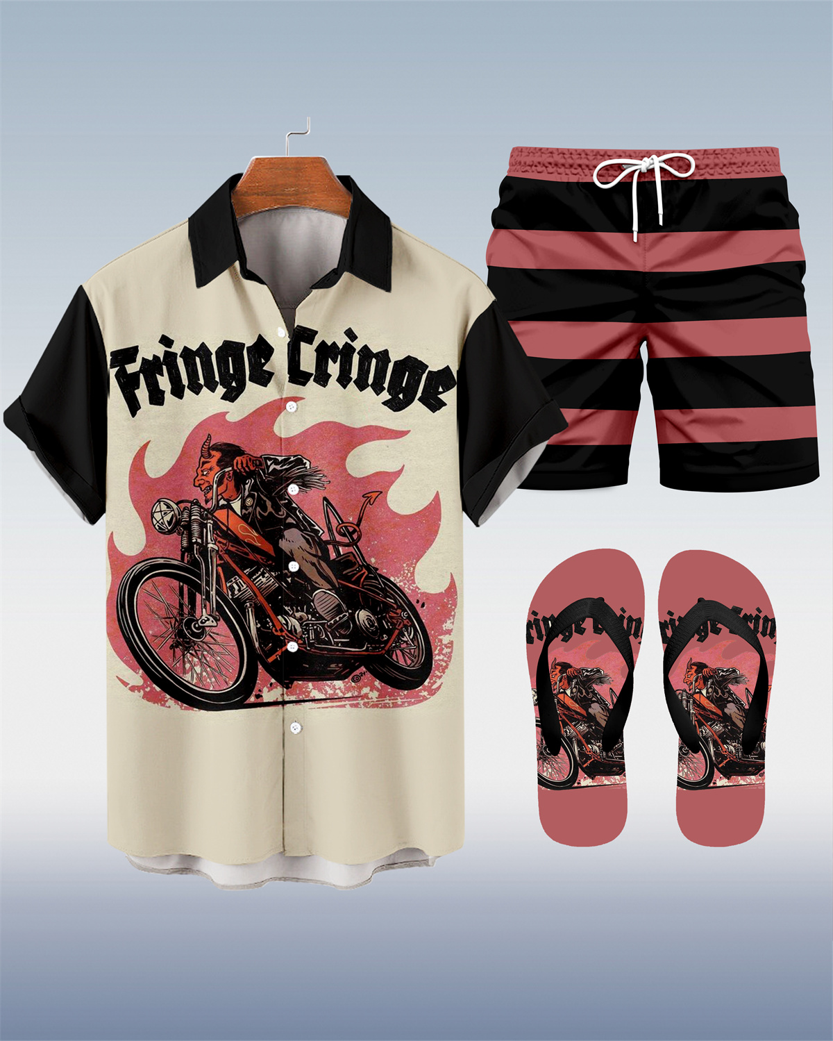 Men's Modified Motorcycle Print Shirt Three-Piece Set 069