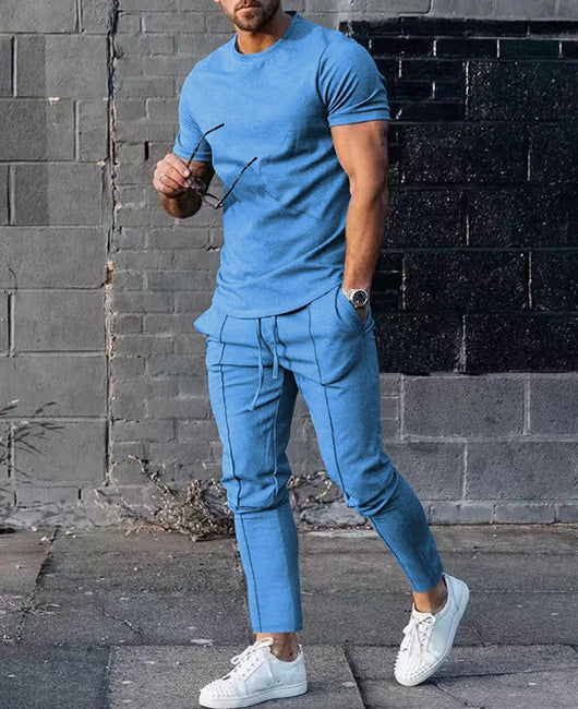 Casual Plain Round Neck Short Sleeve Slim Fit Tee & Drawstring Pants Set