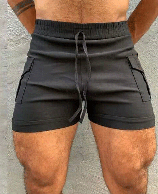 Sporty Plain Elastic Waist Drawstring Pocket Straight Shorts